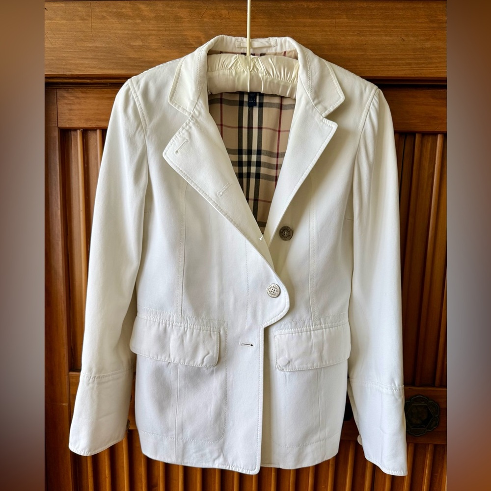 Burberry Ivory Colored Jacket Fitted Silhouette Nova Check Lining Size6 Lovely